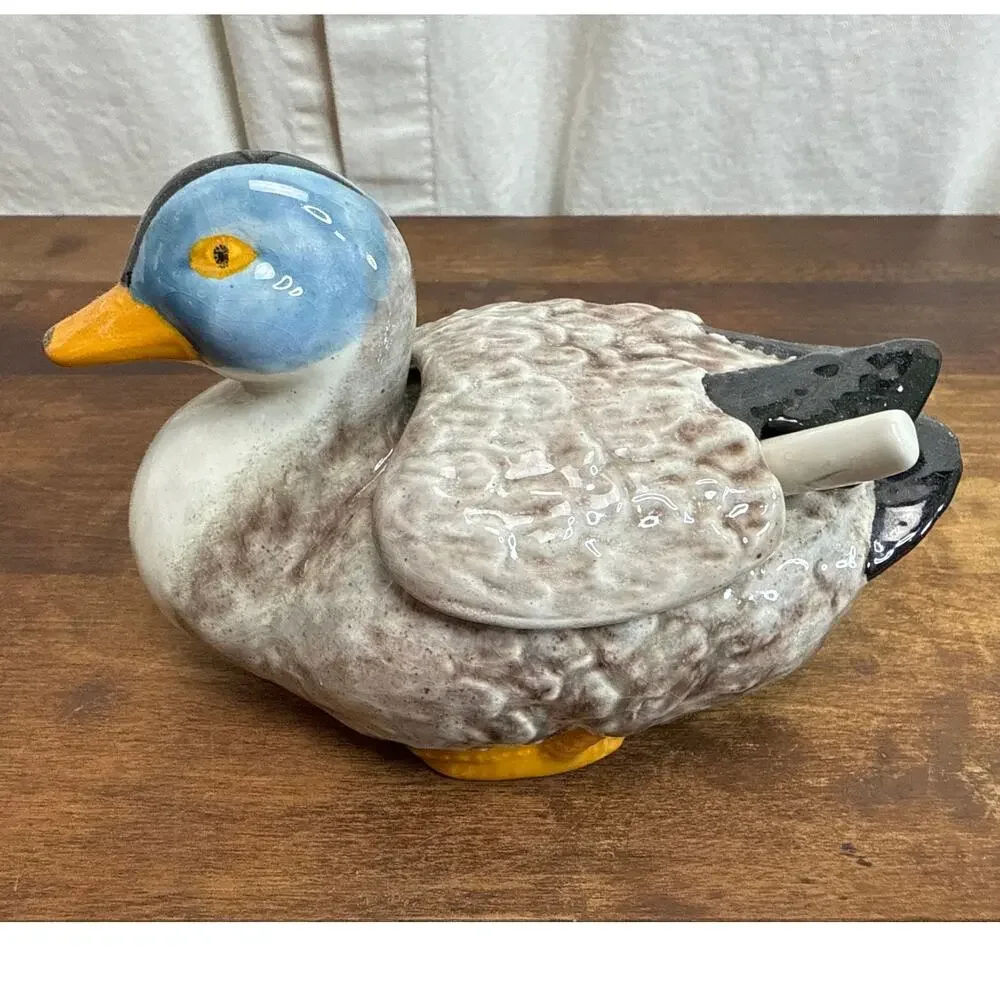 Bordallo Pinheiro Portugal Lidded Duck Majolica Pottery Tureen Condiment Server